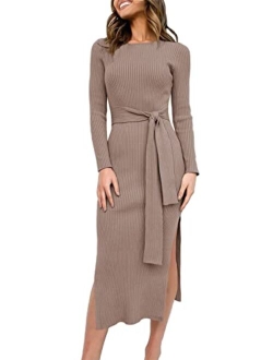 Women's 2023 Fall Elegant Sweater Dress Long Sleeve Crewneck Tie Waist Slim Rib Knit Slit Bodycon Midi Dress