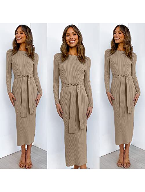 ANRABESS Women's 2023 Fall Elegant Sweater Dress Long Sleeve Crewneck Tie Waist Slim Rib Knit Slit Bodycon Midi Dress