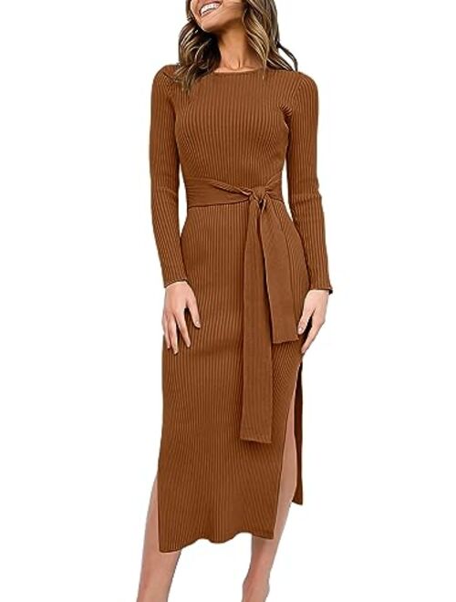 ANRABESS Women's 2023 Fall Elegant Sweater Dress Long Sleeve Crewneck Tie Waist Slim Rib Knit Slit Bodycon Midi Dress