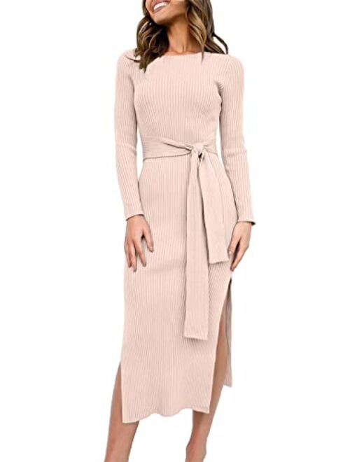 ANRABESS Women's 2023 Fall Elegant Sweater Dress Long Sleeve Crewneck Tie Waist Slim Rib Knit Slit Bodycon Midi Dress