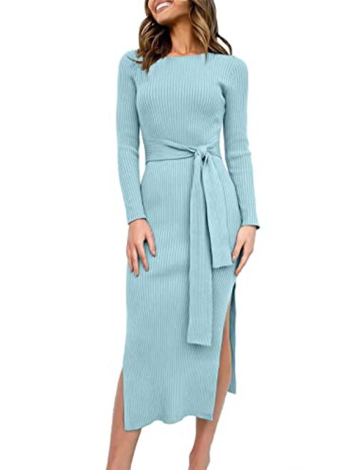 ANRABESS Women's 2023 Fall Elegant Sweater Dress Long Sleeve Crewneck Tie Waist Slim Rib Knit Slit Bodycon Midi Dress