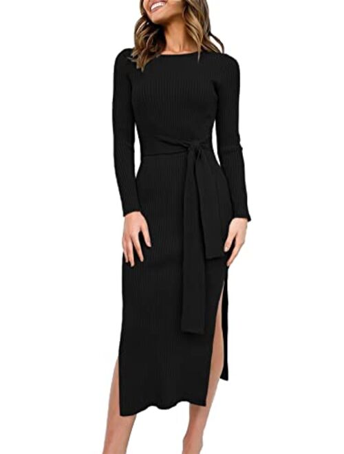 ANRABESS Women's 2023 Fall Elegant Sweater Dress Long Sleeve Crewneck Tie Waist Slim Rib Knit Slit Bodycon Midi Dress