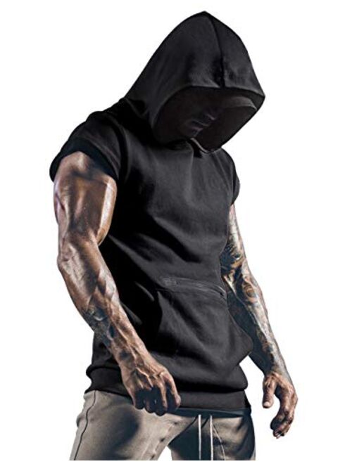 Poriff Mens Workout Tank Tops with Hood Sleeveless Gym t-Shirt Muscles Tees Athletic Pockets