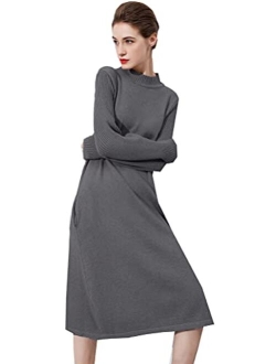 Minibee Women's Long Sleeve Sweater Dresses Pullover Casual Turtleneck Knit Sweater Long Dresses with Pockets