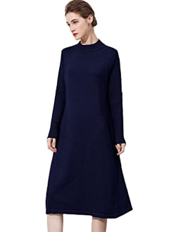 Minibee Women's Long Sleeve Sweater Dresses Pullover Casual Turtleneck Knit Sweater Long Dresses with Pockets