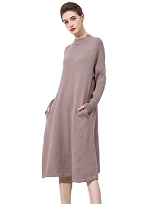 Minibee Women's Long Sleeve Sweater Dresses Pullover Casual Turtleneck Knit Sweater Long Dresses with Pockets