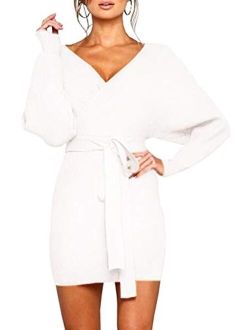 Viottiset Women's V Neck Long Batwing Sleeve Wrap Midi Knit Sweater Dress Elegant Backless with Belt Slit