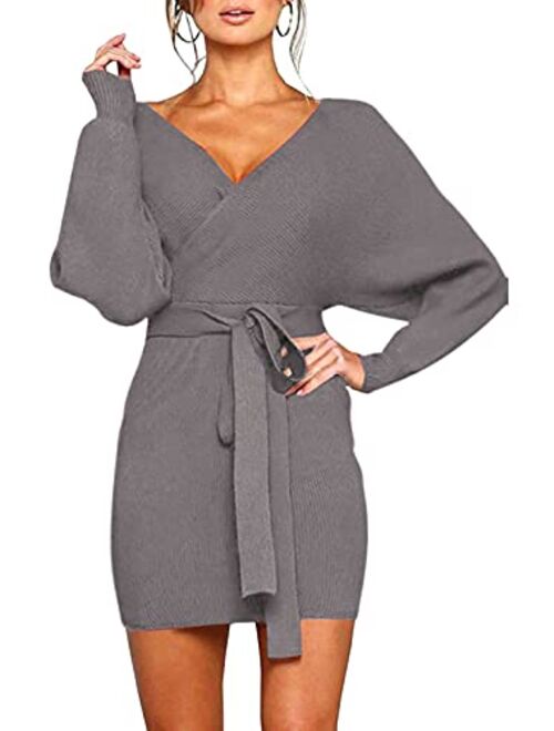 Viottiset Women's V Neck Long Batwing Sleeve Wrap Midi Knit Sweater Dress Elegant Backless with Belt Slit