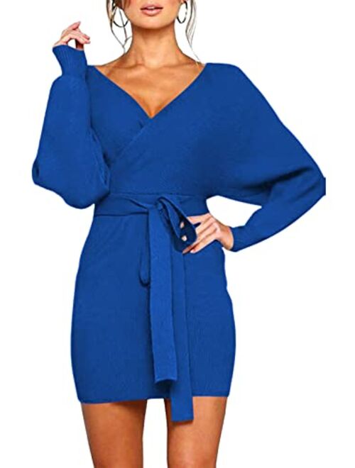 Viottiset Women's V Neck Long Batwing Sleeve Wrap Midi Knit Sweater Dress Elegant Backless with Belt Slit