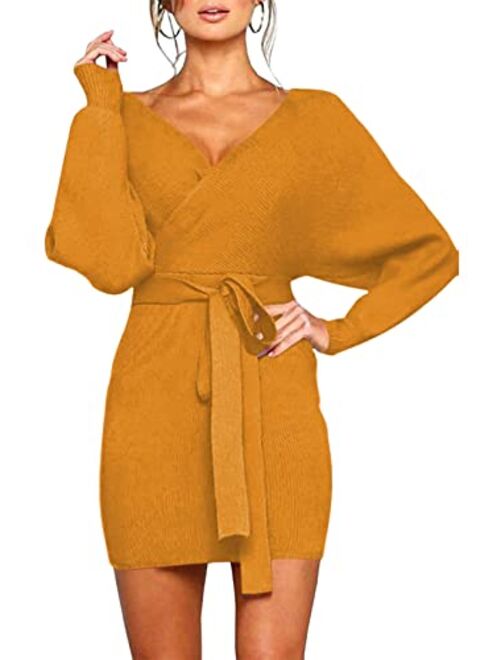 Viottiset Women's V Neck Long Batwing Sleeve Wrap Midi Knit Sweater Dress Elegant Backless with Belt Slit