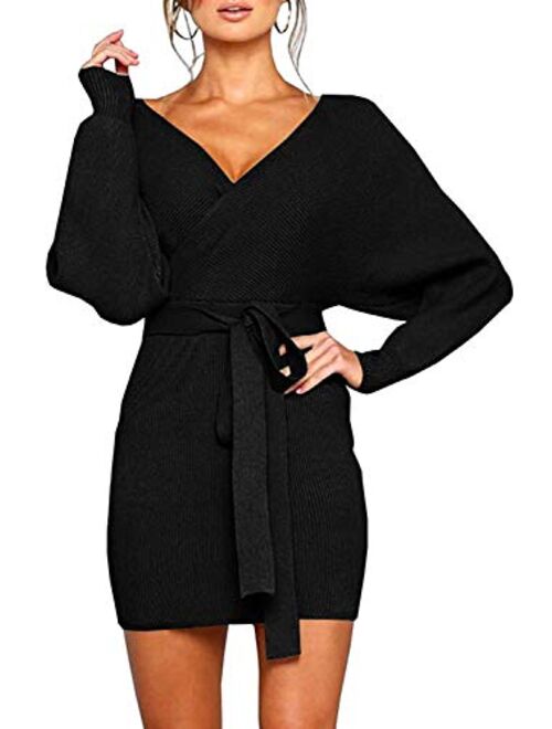 Viottiset Women's V Neck Long Batwing Sleeve Wrap Midi Knit Sweater Dress Elegant Backless with Belt Slit