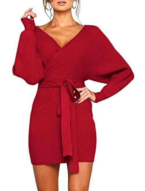 Viottiset Women's V Neck Long Batwing Sleeve Wrap Midi Knit Sweater Dress Elegant Backless with Belt Slit