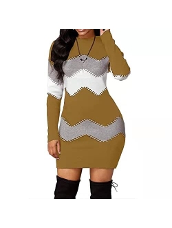 Koinshha Women's Striped Mini Bodycon Sweater Dress Long Sleeve Knitting Pullover