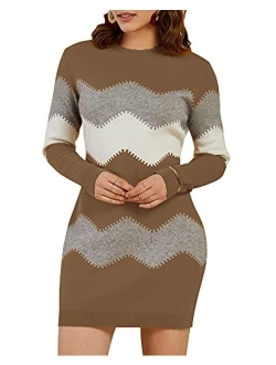 Koinshha Women's Striped Mini Bodycon Sweater Dress Long Sleeve Knitting Pullover