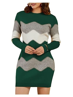 Koinshha Women's Striped Mini Bodycon Sweater Dress Long Sleeve Knitting Pullover