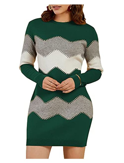 Koinshha Women's Striped Mini Bodycon Sweater Dress Long Sleeve Knitting Pullover