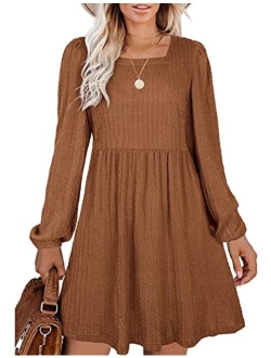 WEESO Womens Knit Dress Square Neck Long Sleeve Knee Length Babydoll Dresses