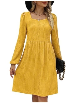 WEESO Womens Knit Dress Square Neck Long Sleeve Knee Length Babydoll Dresses