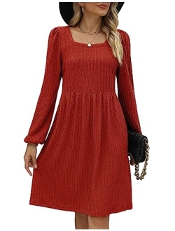 WEESO Womens Knit Dress Square Neck Long Sleeve Knee Length Babydoll Dresses