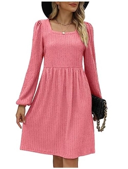 WEESO Womens Knit Dress Square Neck Long Sleeve Knee Length Babydoll Dresses