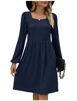 WEESO Womens Knit Dress Square Neck Long Sleeve Knee Length Babydoll Dresses