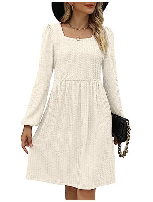 WEESO Womens Knit Dress Square Neck Long Sleeve Knee Length Babydoll Dresses