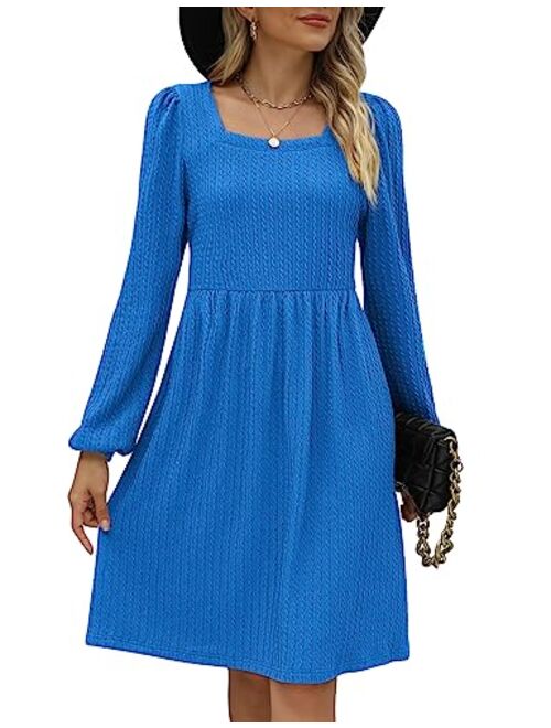 WEESO Womens Knit Dress Square Neck Long Sleeve Knee Length Babydoll Dresses