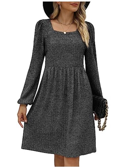 WEESO Womens Knit Dress Square Neck Long Sleeve Knee Length Babydoll Dresses