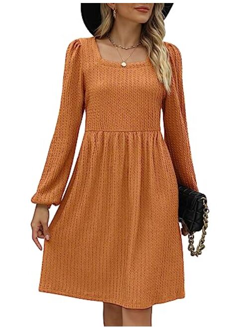 WEESO Womens Knit Dress Square Neck Long Sleeve Knee Length Babydoll Dresses