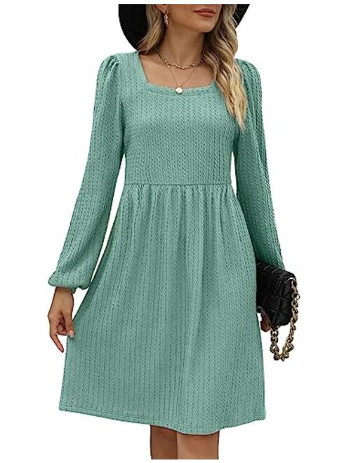 WEESO Womens Knit Dress Square Neck Long Sleeve Knee Length Babydoll Dresses