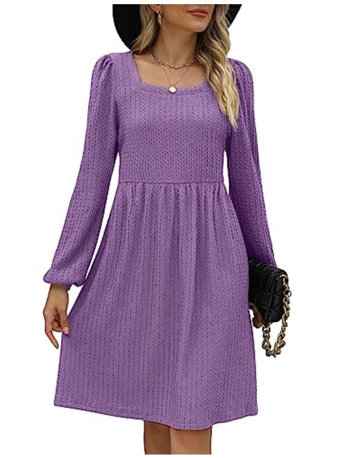 WEESO Womens Knit Dress Square Neck Long Sleeve Knee Length Babydoll Dresses