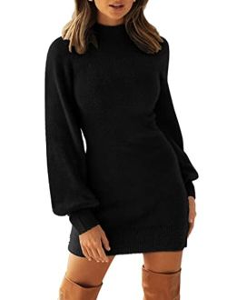 Women's 2023 Casual Turtleneck Long Puff Sleeve Soft Fuzzy Knit Bodycon Pullover Mini Sweater Dress