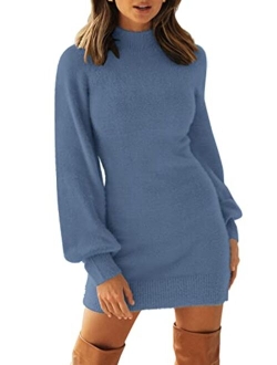 Women's 2023 Casual Turtleneck Long Puff Sleeve Soft Fuzzy Knit Bodycon Pullover Mini Sweater Dress