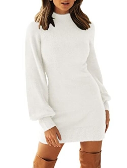 Women's 2023 Casual Turtleneck Long Puff Sleeve Soft Fuzzy Knit Bodycon Pullover Mini Sweater Dress