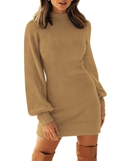 Women's 2023 Casual Turtleneck Long Puff Sleeve Soft Fuzzy Knit Bodycon Pullover Mini Sweater Dress