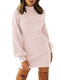 Women's 2023 Casual Turtleneck Long Puff Sleeve Soft Fuzzy Knit Bodycon Pullover Mini Sweater Dress