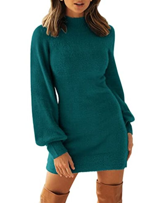 ZESICA Women's 2023 Casual Turtleneck Long Puff Sleeve Soft Fuzzy Knit Bodycon Pullover Mini Sweater Dress