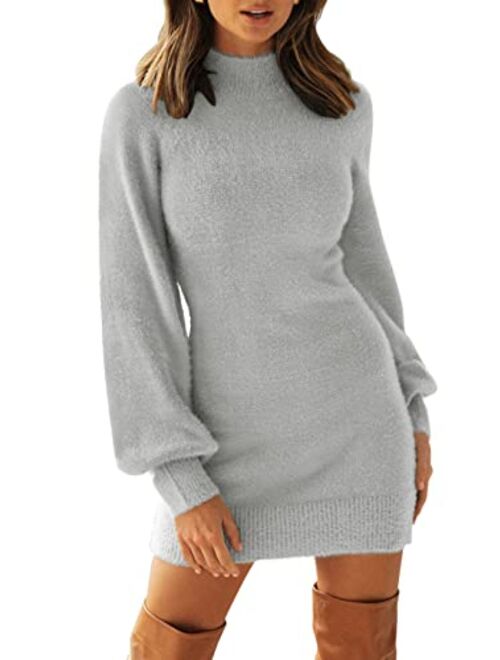 ZESICA Women's 2023 Casual Turtleneck Long Puff Sleeve Soft Fuzzy Knit Bodycon Pullover Mini Sweater Dress