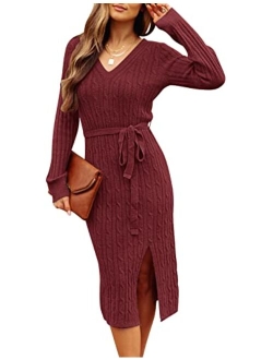 Women's V Neck Cable Knit Sweater Dress Long Sleeve Bodycon Slit Pullover Midi Dress with Belt