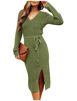 Women's V Neck Cable Knit Sweater Dress Long Sleeve Bodycon Slit Pullover Midi Dress with Belt