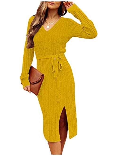 MEROKEETY Women's V Neck Cable Knit Sweater Dress Long Sleeve Bodycon Slit Pullover Midi Dress with Belt