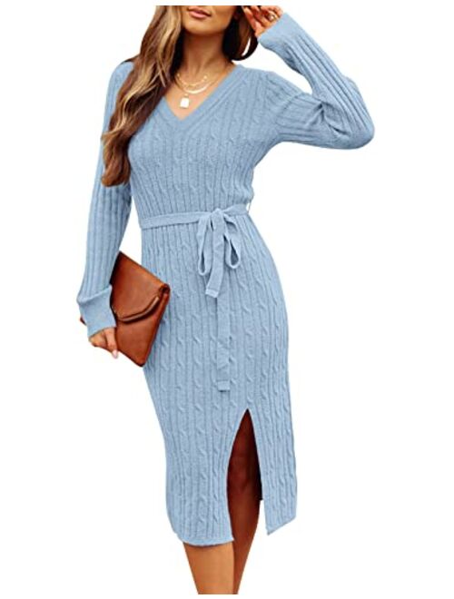 MEROKEETY Women's V Neck Cable Knit Sweater Dress Long Sleeve Bodycon Slit Pullover Midi Dress with Belt