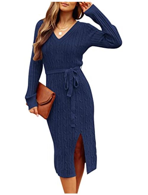 MEROKEETY Women's V Neck Cable Knit Sweater Dress Long Sleeve Bodycon Slit Pullover Midi Dress with Belt