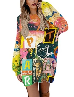 YESNO Sweater Dress for Women Oversized Graphic Lantern Long Sleeve Pullover Sweater Tops S08