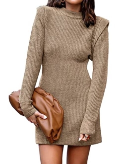 BTFBM Women Sweater Bodycon Short Dress Long Sleeve Crew Neck Slim Fit Solid Dressy Fall Winter Mini Ribbed Knit Dresses