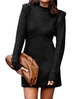 BTFBM Women Sweater Bodycon Short Dress Long Sleeve Crew Neck Slim Fit Solid Dressy Fall Winter Mini Ribbed Knit Dresses