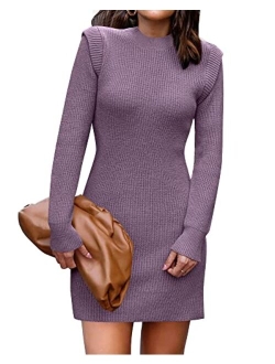 BTFBM Women Sweater Bodycon Short Dress Long Sleeve Crew Neck Slim Fit Solid Dressy Fall Winter Mini Ribbed Knit Dresses