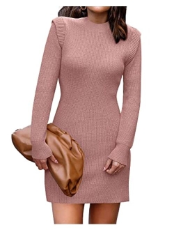 BTFBM Women Sweater Bodycon Short Dress Long Sleeve Crew Neck Slim Fit Solid Dressy Fall Winter Mini Ribbed Knit Dresses