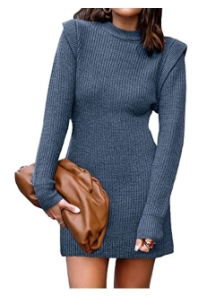 BTFBM Women Sweater Bodycon Short Dress Long Sleeve Crew Neck Slim Fit Solid Dressy Fall Winter Mini Ribbed Knit Dresses