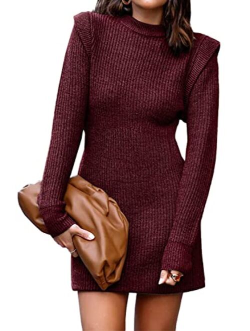 BTFBM Women Sweater Bodycon Short Dress Long Sleeve Crew Neck Slim Fit Solid Dressy Fall Winter Mini Ribbed Knit Dresses